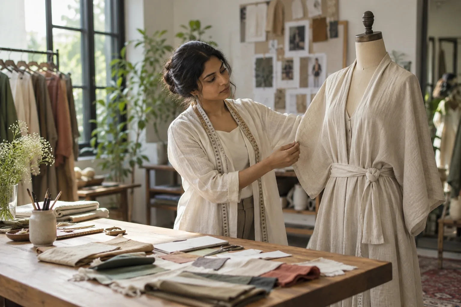 An Indian fashion designer examining a linen garment on a dress form in a beautiful working atelier, tactile fabric samples, wooden worktable and natural light.